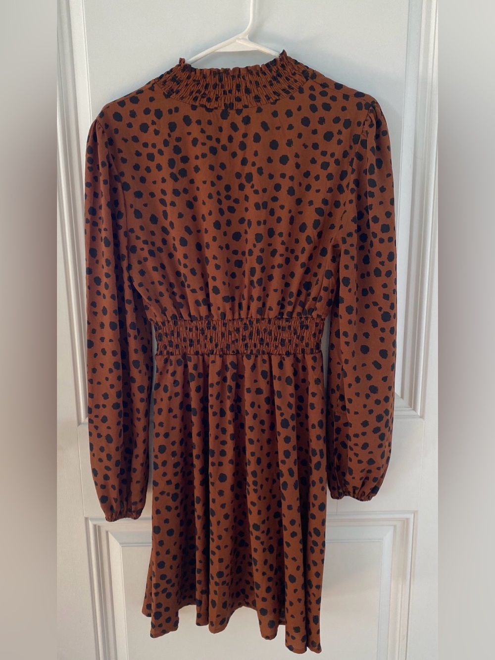 SHEIN Brown Long Sleeve Smocked Dot Print Dress